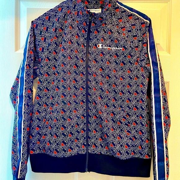 Champion Allover Logo Blue Zip Up Track Jacket Size Medium. Worn On TV Show - Picture 1 of 14